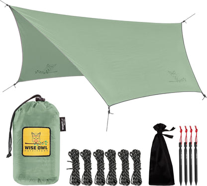 Wise Owl Outfitters Hammock Rain Fly – Waterproof Camping Tarp Cover with Tent Stakes & Carry Bag, Ultralight Shelter for Backpacking & Outdoor Shade