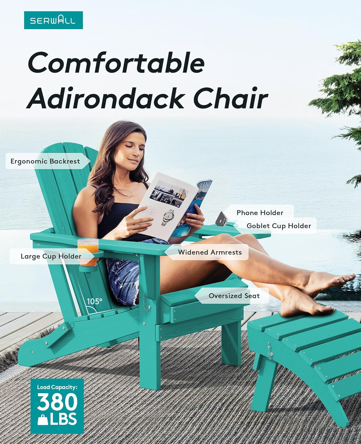 SERWALL Adirondack Chair with Cup Holders - Composite Adirondack Chairs Set of 4 HDPE Outdoor Chairs All Weather Use- Aruba