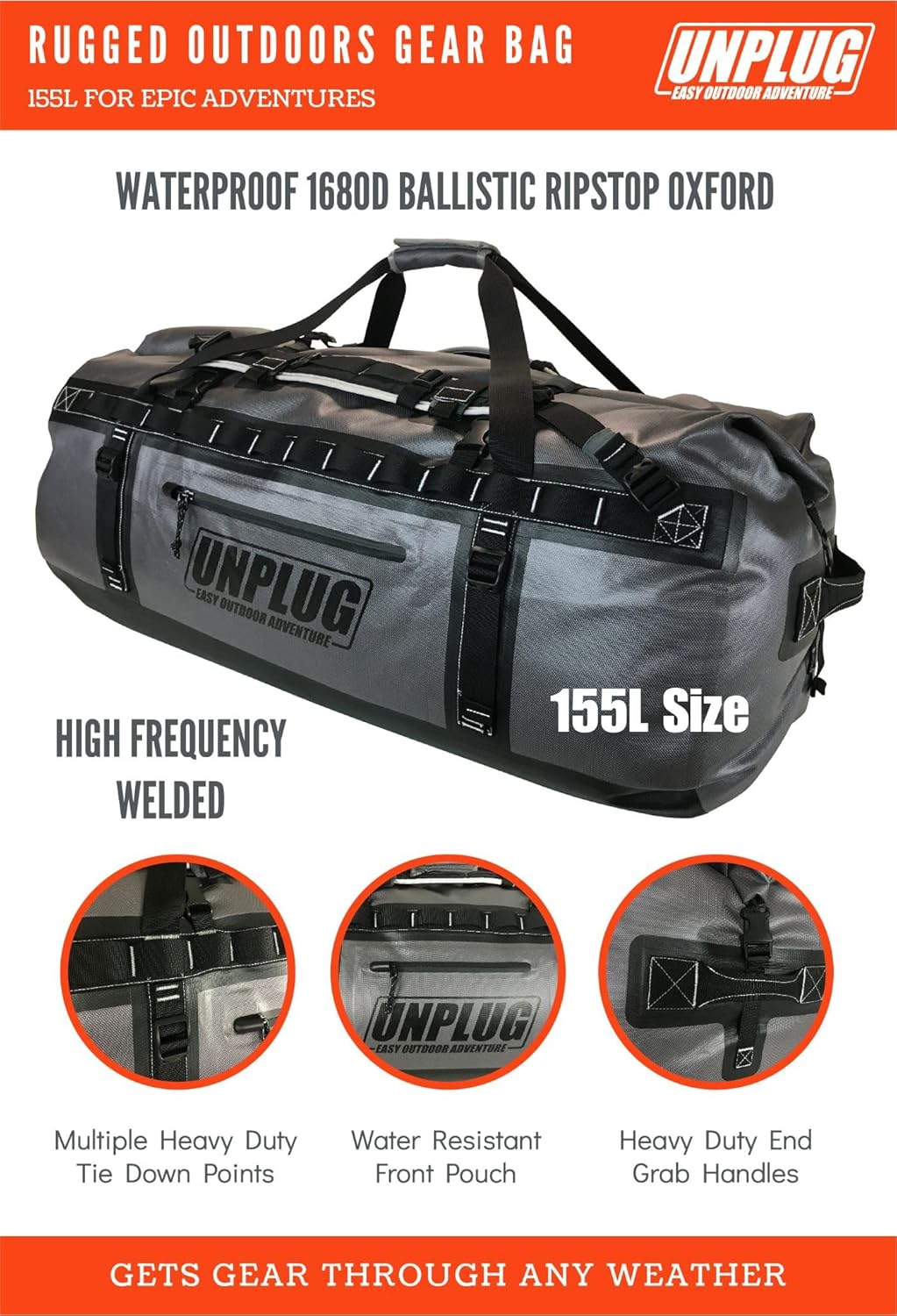 UNPLUG Waterproof Bags for Travel -1680D Heavy Duty Waterproof Duffel Bag for Camping, Motorcycle Dry Bag, Hunting Bag, Bug Out Bag, Waterproof Bags for Boating. Tactical Duffle Bag (155L Storm Grey)