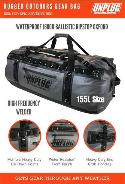 UNPLUG Waterproof Bags for Travel -1680D Heavy Duty Waterproof Duffel Bag for Camping, Motorcycle Dry Bag, Hunting Bag, Bug Out Bag, Waterproof Bags for Boating. Tactical Duffle Bag (155L Storm Grey)