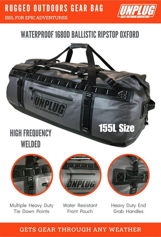 UNPLUG Waterproof Bags for Travel -1680D Heavy Duty Waterproof Duffel Bag for Camping, Motorcycle Dry Bag, Hunting Bag, Bug Out Bag, Waterproof Bags for Boating. Tactical Duffle Bag (155L Storm Grey)