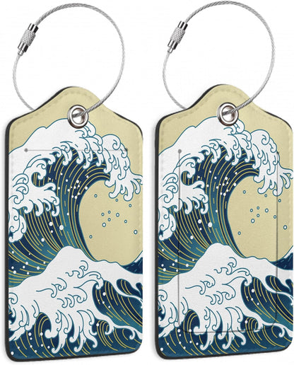 Luggage Tags for Suitcase,2 Pack Japanese Ocean Wave Luggage Tag Leather Privacy Cover ID Label with Stainless Steel Loop for Women Men Kids Girls Travel