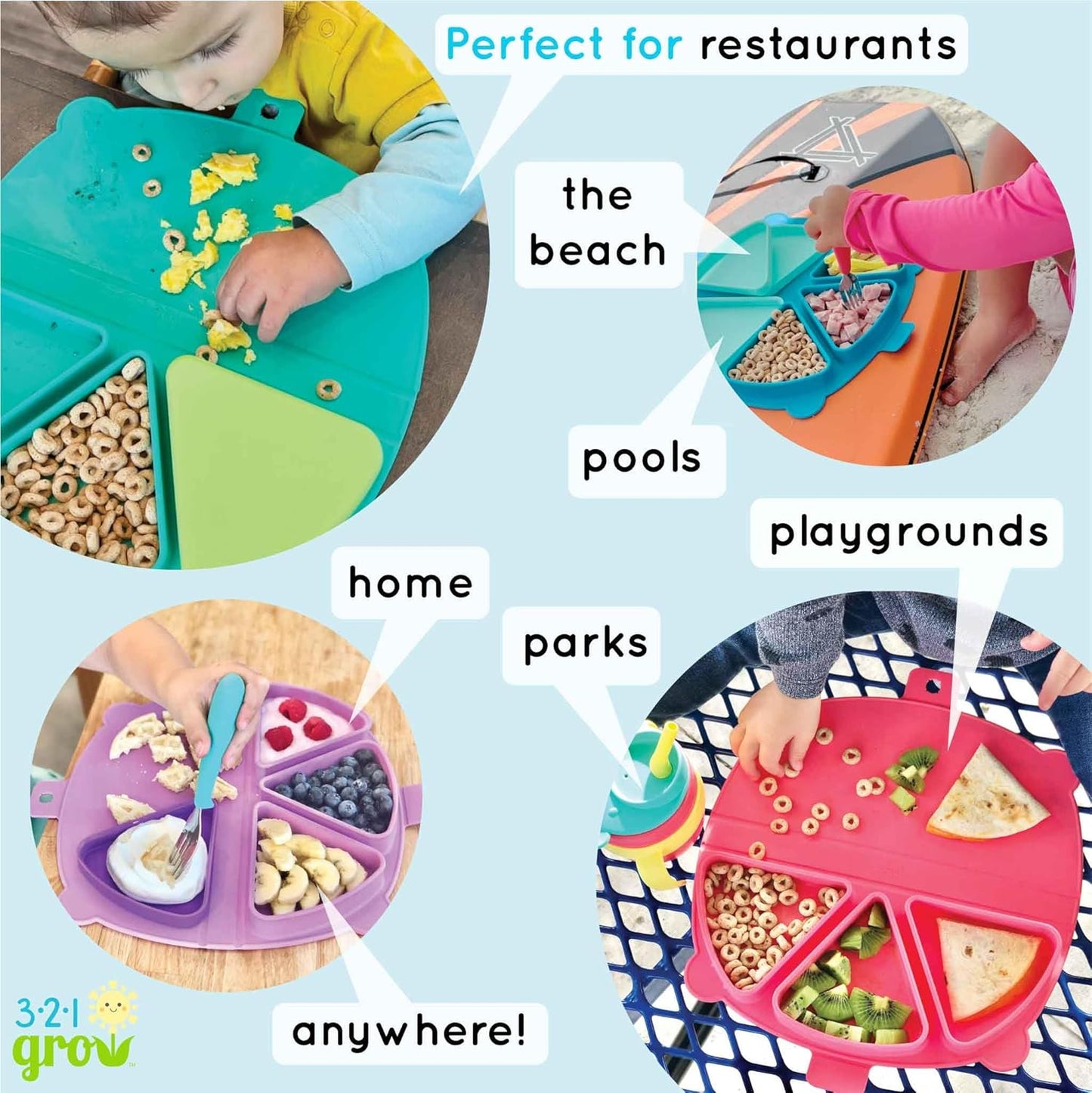On-The-Go Snack Mat – Baby Silicone Travel Dining Placemat – Portable Silicone Toddler Plate – Reusable Snack Container with 3 Compartments and Lids for 6 Months + (Plum)