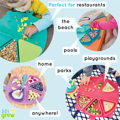On-The-Go Snack Mat – Baby Silicone Travel Dining Placemat – Portable Silicone Toddler Plate – Reusable Snack Container with 3 Compartments and Lids for 6 Months + (Plum)
