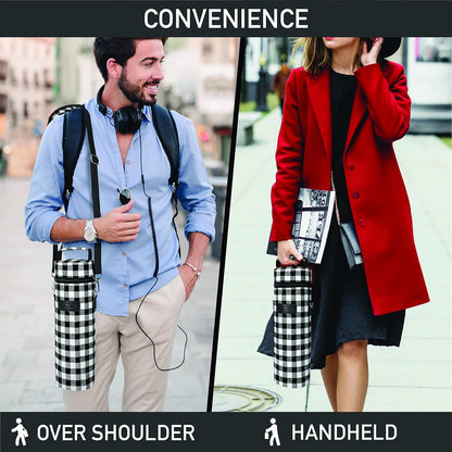 opux Wine Bag Single Bottle Carrier Tote, Insulated Wine Cooler Bag for Travel Picnic Beach with Shoulder Strap, Thermal One Bottle Holder Carrying Case Wine Gift for Women Men, Plaid Buffalo White