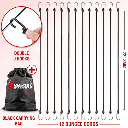 Rocket Straps - Ultimate Outdoor Bungee Cord Assortment - Heavy Duty Set of 12 Bungee Cords (72") Double-J Hooks - Elastic Straps for Camping, Securing, and DIY and Multipurpose