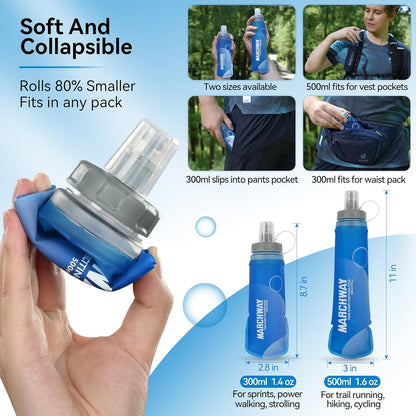 MARCHWAY Soft Hydration Flask with Wide Mouth, 300ml/500ml Collapsible TPU Water Bottle, Leakproof Portable Flexible for Running, Hiking, Cycling, Climbing, Gym, Travel (2pcs Dark Blue 500ml)