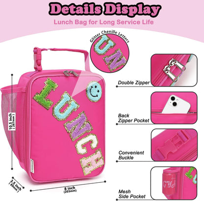 FlowFly Lunch box Insulated Soft Bag Mini Cooler Back to School Thermal Meal Tote Kit With Buckle and Mesh Side Pocket for Girls, Boys, RoseRedWithLetter