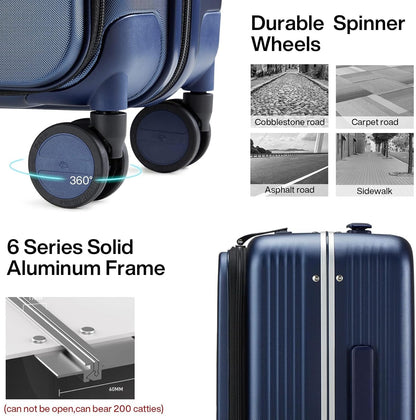 Hanke 20 Inch Carry On Luggage with Front Pocket Aluminum Frame, Hard Shell Suitcases with Wheels, Rolling Luggage, Suitcase with Lock, Travel Luggage for Weekender, Dark Blue
