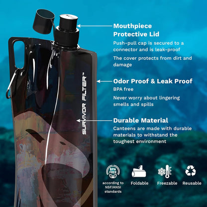 Survivor Filter Clear Collapsible Water Bottles - Travel, Hiking, Foldable, BPA-Free - 2 x