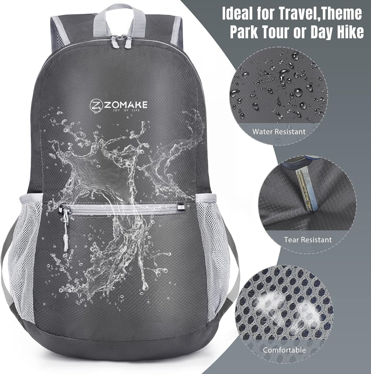 ZOMAKE Ultra Lightweight Hiking Backpack 20L, Packable Small Backpacks Water Resistant Daypack for Women Men(Medium Grey)