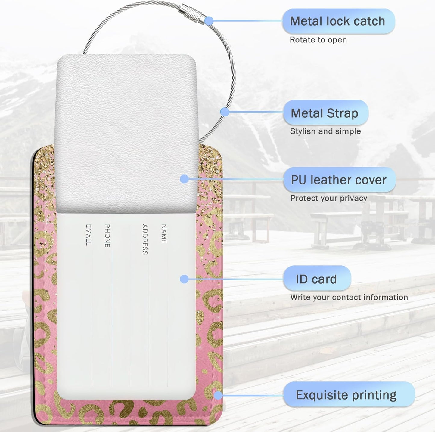 Luggage Tags for Suitcase,Pink Rose Gold Leopard Skin Luggage Tags of Set 2 Leather Identifiers Privacy Cover with Stainless Steel Loop for Women Men Travel Bag Suitcase