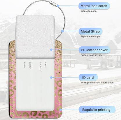 Luggage Tags for Suitcase,Pink Rose Gold Leopard Skin Luggage Tags of Set 2 Leather Identifiers Privacy Cover with Stainless Steel Loop for Women Men Travel Bag Suitcase