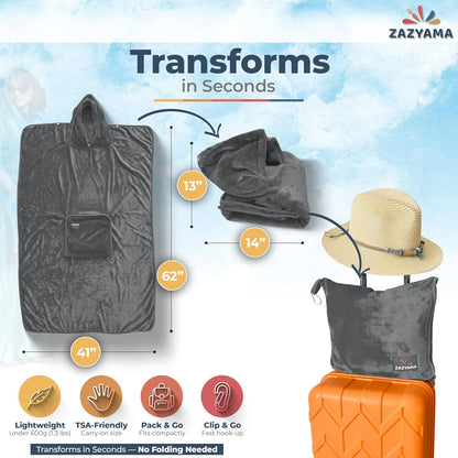 3-in-1 Travel Blanket Airplane – Compact with Bag & Pillow Combo Set, Gray Ultra-Soft Fleece | Packable Blanket Compact | Hidden Pocket | Trolley Sleeve | Carabiner | Travel Essentials