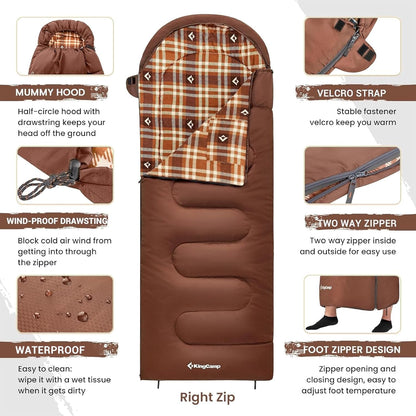 KingCamp Sleeping Bag for Adults, Cold Weather & Warm XL Big and Tall Flannel Sleeping Bags with Compression Sack Portable Waterproof Essentials Gear Accessories for Outdoor Camping