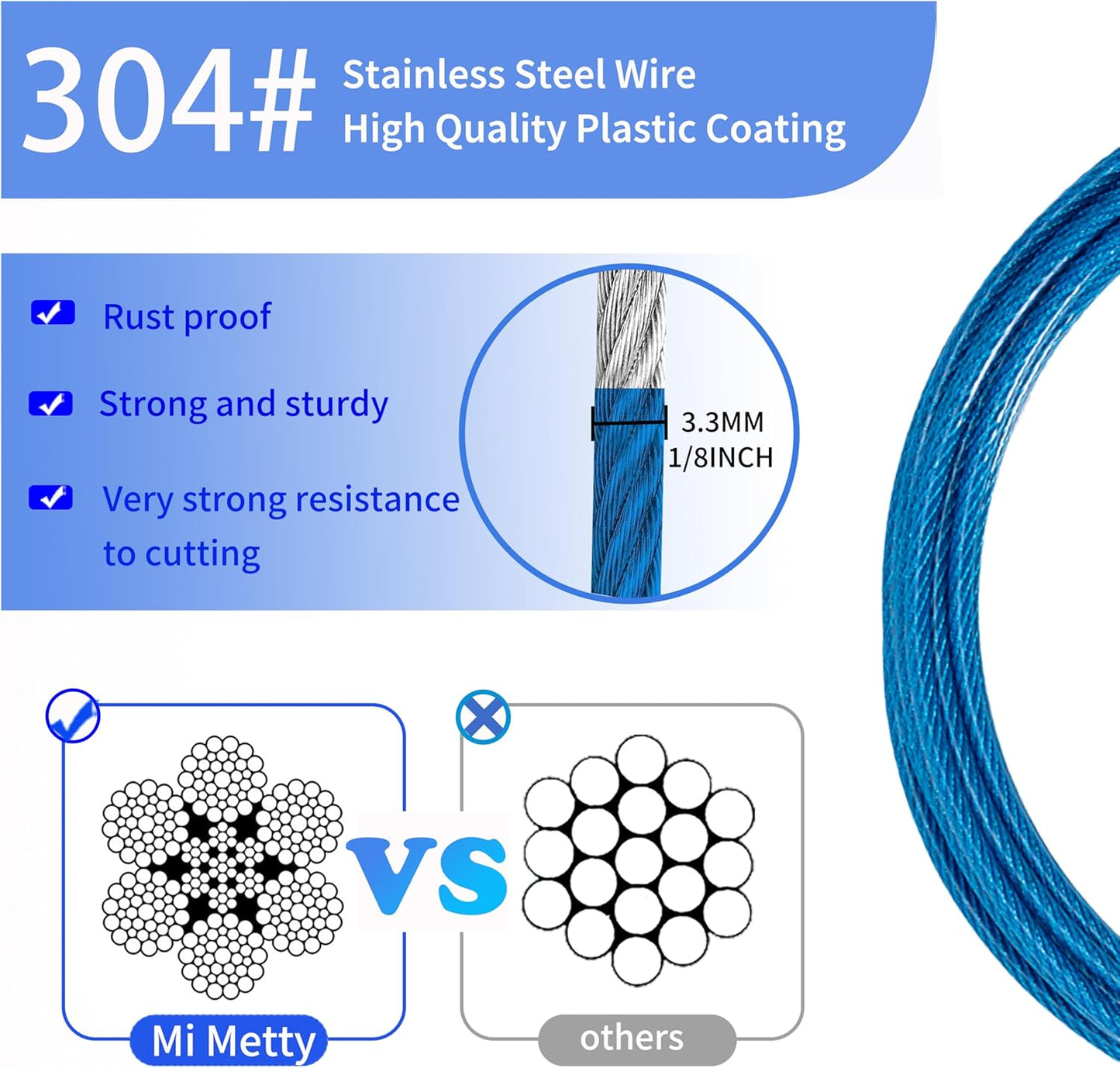 3.3mm (1/8 Inch) Outdoor Travel Stainless Steel Security Cable-20ft Luggage Lock Safety Wire Flexible Steel Wire Rope with Double Loop Safety for Luggage, Bike, Lock(Blue, 20ft-(1Pack)