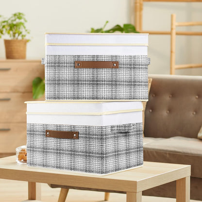 TYEERS Collapsible Storage Bins with Lids, Patchwork Design, Washable, Fabric Storage Boxes, 14.9x9.8x9.8 inches, 3 Pack, Gray