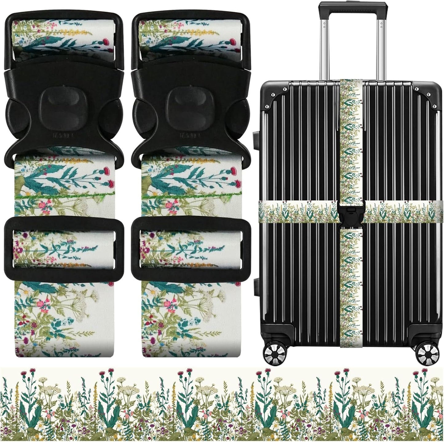 Luggage Straps for Suitcases, Travel Adjustable Belt with Quick Release Buckle, Heavy Duty Nylon Bag Packing Strap, Unique Bright Identifiers Business Travel Accessories (2 Pack) - White Flowers