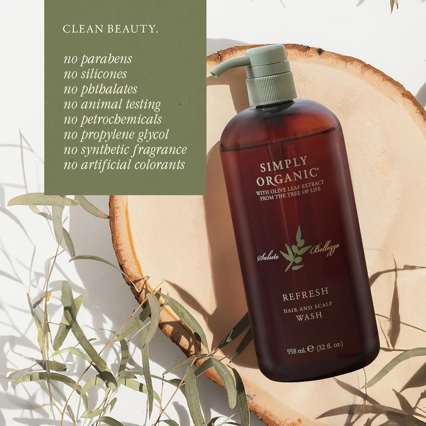 SIMPLY ORGANIC Hair Detox Clarifying Shampoo Scalp Wash, Made in Italy, All Natural Cruelty Free Hair Care for Women & Men with Rosemary, Sage & Olive Leaf Extract, 32 fl oz/958 ml, Refresh