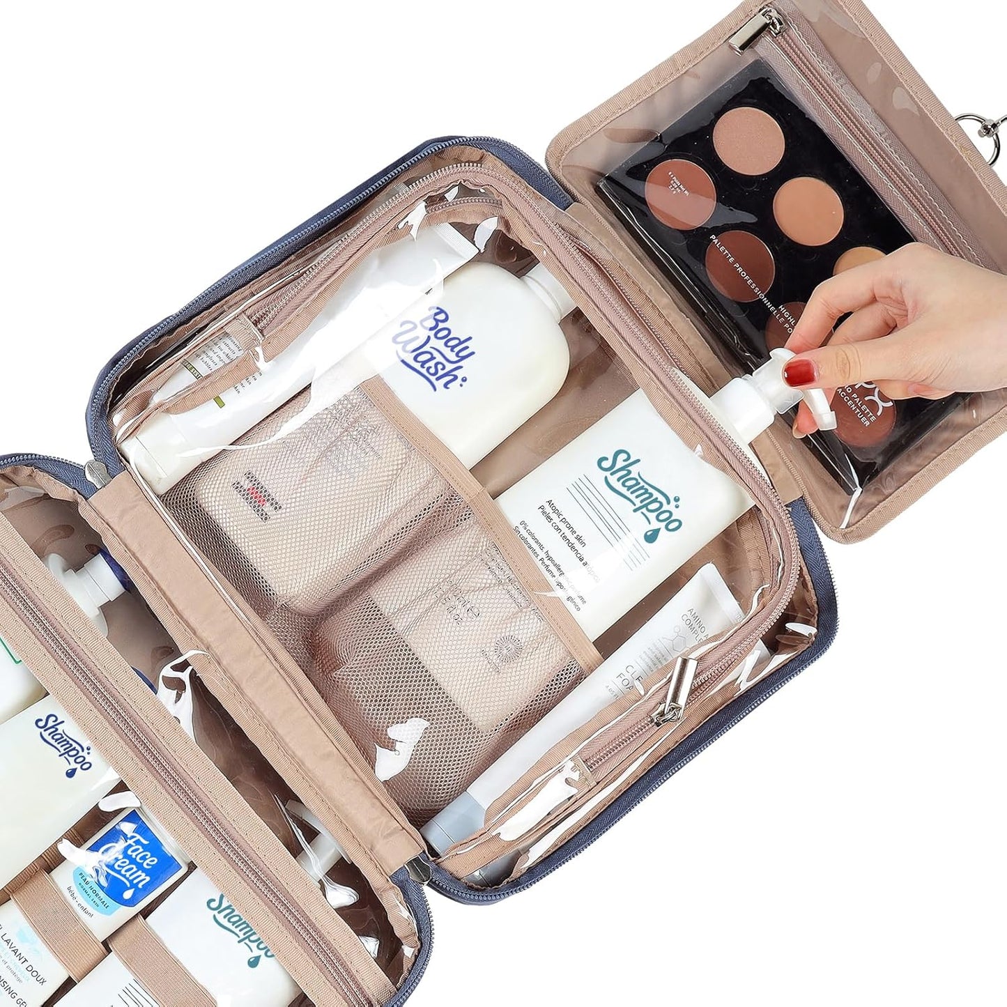 NISHEL Travel Toiletry Bag for Women Large Capacity, Makeup Essentials Organizer, Hanging Case for Accessories, Cosmetics, Aegean-Blue