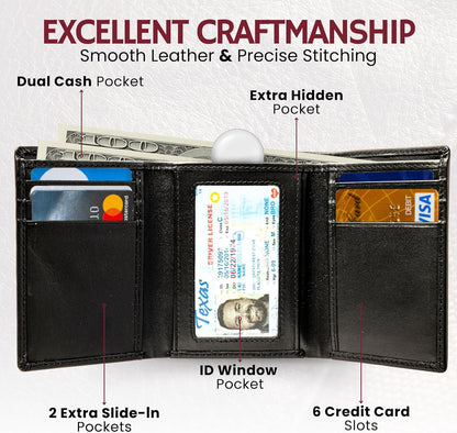 BULL GUARD Genuine Nappa Leather Trifold Wallet For Men RFID And ID Window