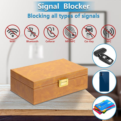 TICONN Faraday Box, Car Key Fob Protector, PU Leather Signal Blocker for Keyless Fob, RFID Signal Blocking Pouch Cage (Yellow Slim)