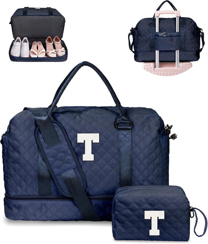Gifts for 9 10 11 12 13 14 15 16 17 Year Old Girls-Duffle Bag with Shoe Compartment, Personalized Weekender Bag, Travel Bag with Makeup Bag，Birthday Gifts for Women Friendship (Letter T)