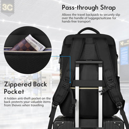 MOMUVO Large Travel Backpack Women, Flight Approved Carry On Backpack with 3 Packing Cubes, Water Resistant Anti-Theft Large School Bag Fit 18.4 Inch Laptop with USB Charging Port, Black