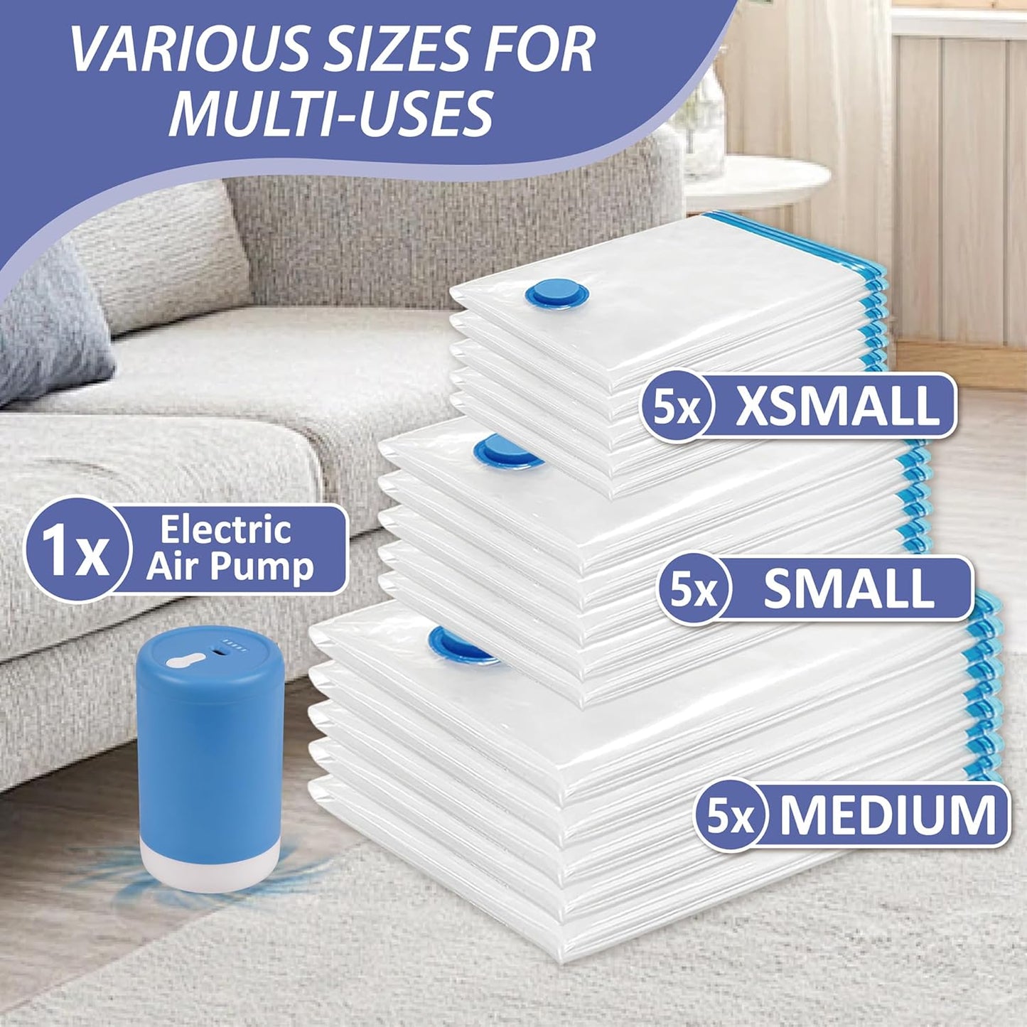 Cozy Essential 15 Pack Travel Vacuum Storage Bags with Portable Electric Pump, Suitase Vacuum Seal Space Saver Bags for Clothing and Luggage Compression