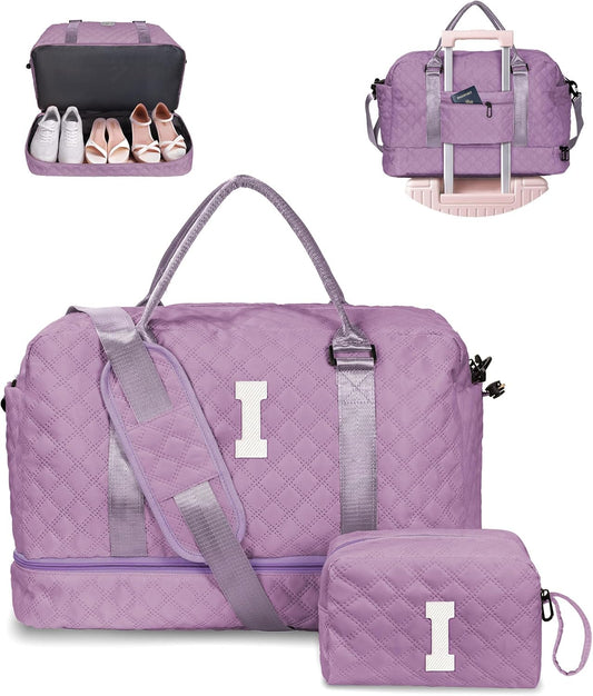 Gifts for Friends-Initial Duffle Bag with Shoe Compartment, Personalized Weekender Bag, Monogram Overnight Bag, Travel Bag with Makeup Bag，Birthday Gifts Bag for Daughter Sister (Letter I)