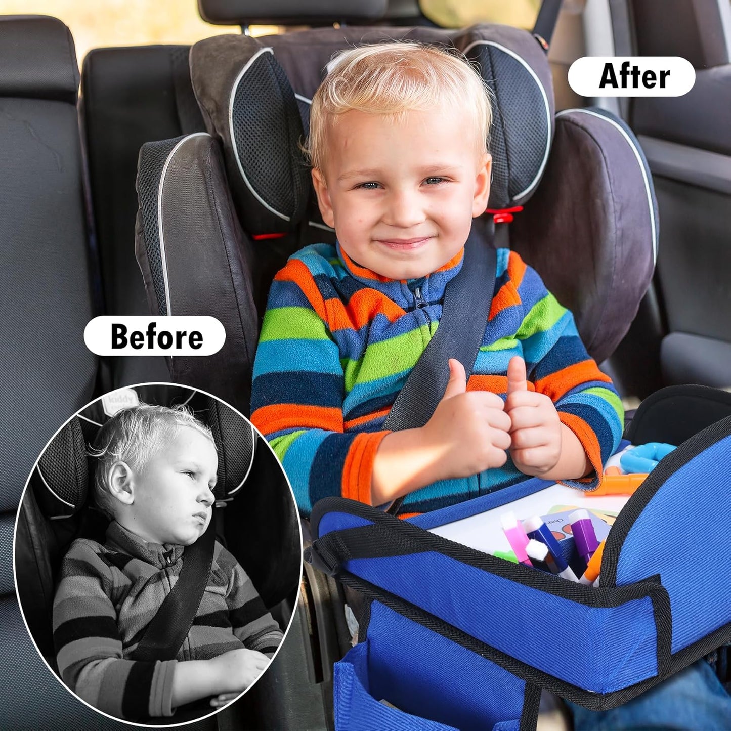 Kids Travel Tray for Airplane - Toddler Car Seat Table Tray, Road Trip Essentials for Boys & Girls, Carseat Lap Desk for Kids Road Trip Activities(Navy Blue)