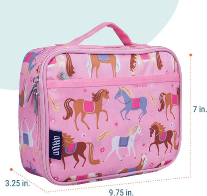 Wildkin Kids Insulated Lunch Box – Durable and Reusable for School & Travel - Horses in Pink