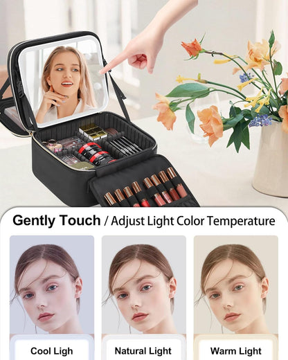 Travel Makeup Bag with LED Mirror Double Layer Makeup Case with Lighted Mirror Dual Layer Cosmetic Train Case Portable Artist Organizer Bag with Dividers and Rechargeable Vanity (Black, Small)