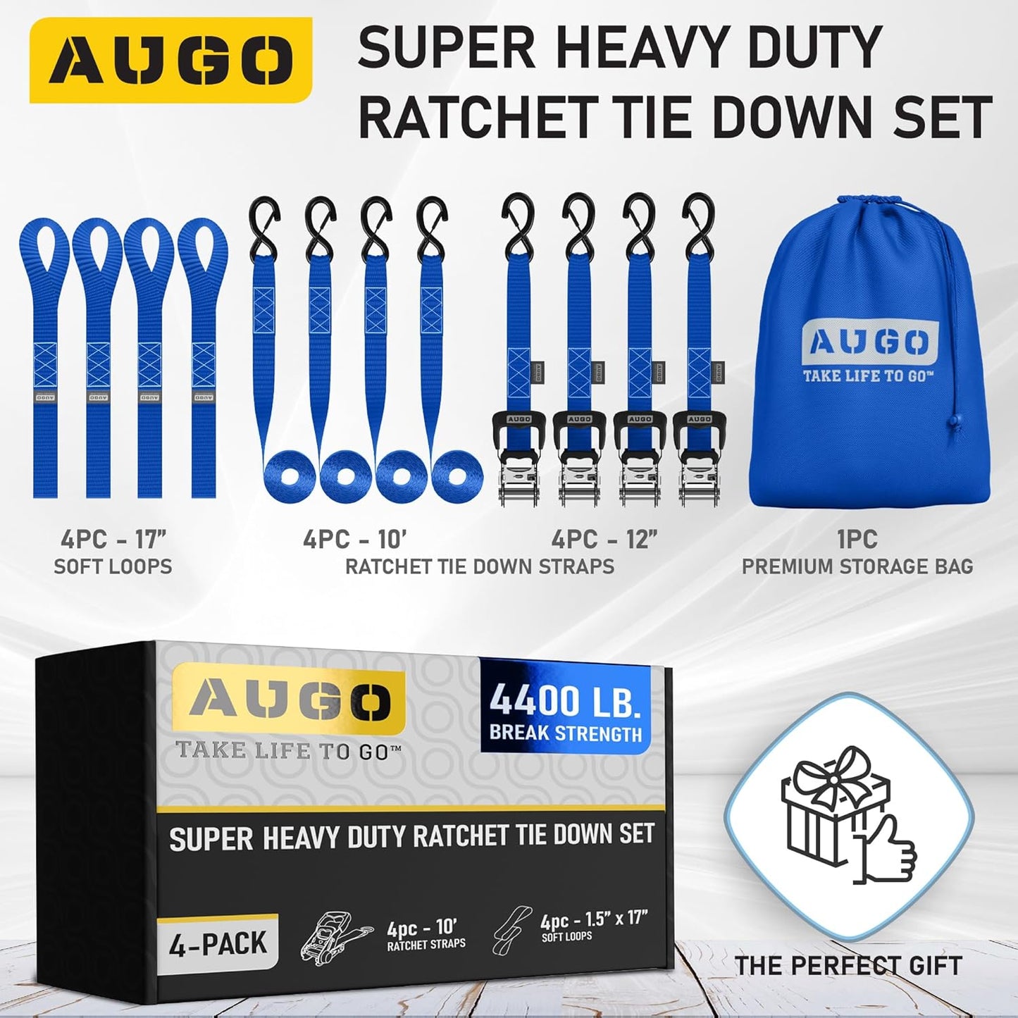 AUGO Heavy Duty Ratchet Straps & Soft Loops – Pack of 4 Extra Strong 1.5” by 10’ Ratchet Straps w/S-Hook Safety Latches & 4 Soft Loop Tie Downs – 4400Lb Break Strength for Motorcycles, ATVs, Etc.