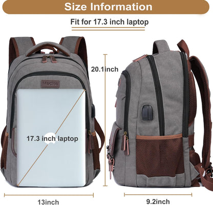 Mactso Canvas Travel Laptop Backpack for Men Women, Business Work Rucksack College Computer Bag Fits 17.3 Inch Notebook,Bookbag with USB Charging Port (Grey, 17.3 Inch)