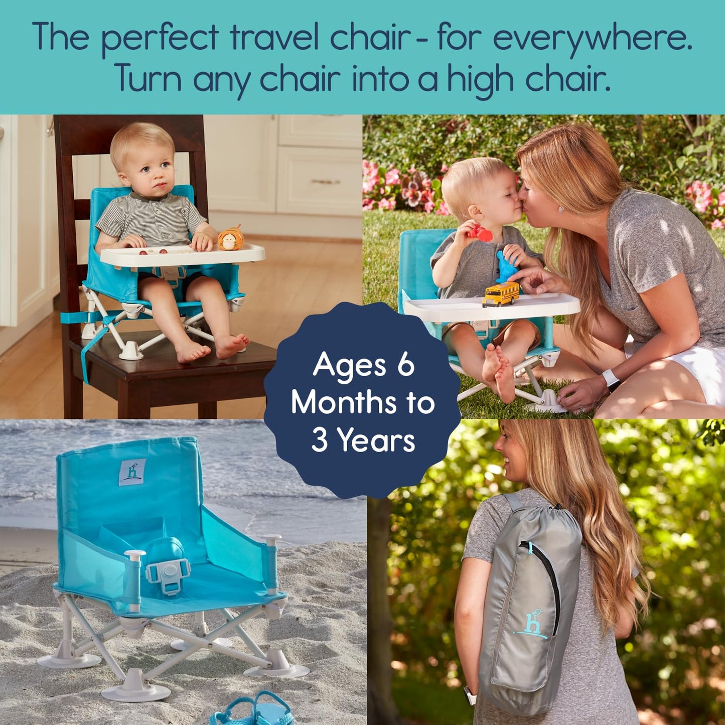 Hiccapop OmniBoost Travel Booster Seat with Tray for Baby | Folding Portable Seat for Dining Table, Camping, Beach, Grandma’s | Tip-Free Design Straps to Kitchen Chairs