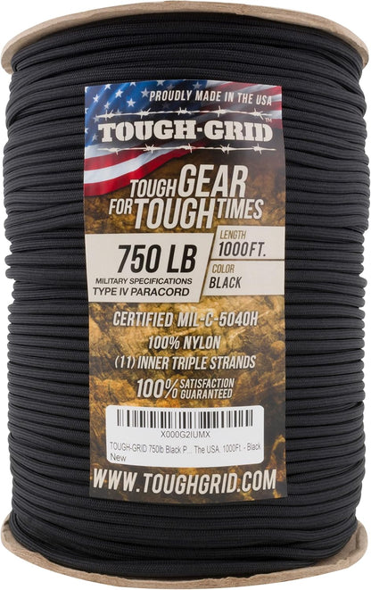 TOUGH-GRID 750 Paracord Rope Nylon Parachute Cord, Made in USA Survival Kit, Outdoor Adventures, Camping, Tactical Gear & Emergency Supplies, Military Type IV Mil-Spec