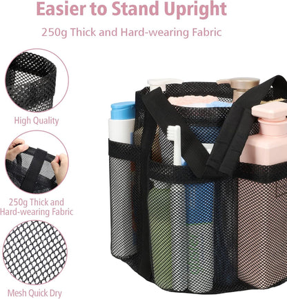 F-color Mesh Shower Caddy Portable, Shower Basket Tote for College Dorm Room Gym Rv Essentials, 8.5" Deeper Pocket Quick Dry Bathroom Caddy Bag with S Hook, 2 Packs Black