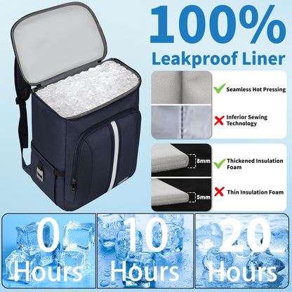 Backpack Cooler Insulated Leak Proof 35 Cans, 2 Insulated Compartments Thermal Bag, Portable Lightweight Beach Travel Camping Lunch Backpack for Men and Women, 30L, Reflective Stripes, Water-Resistant