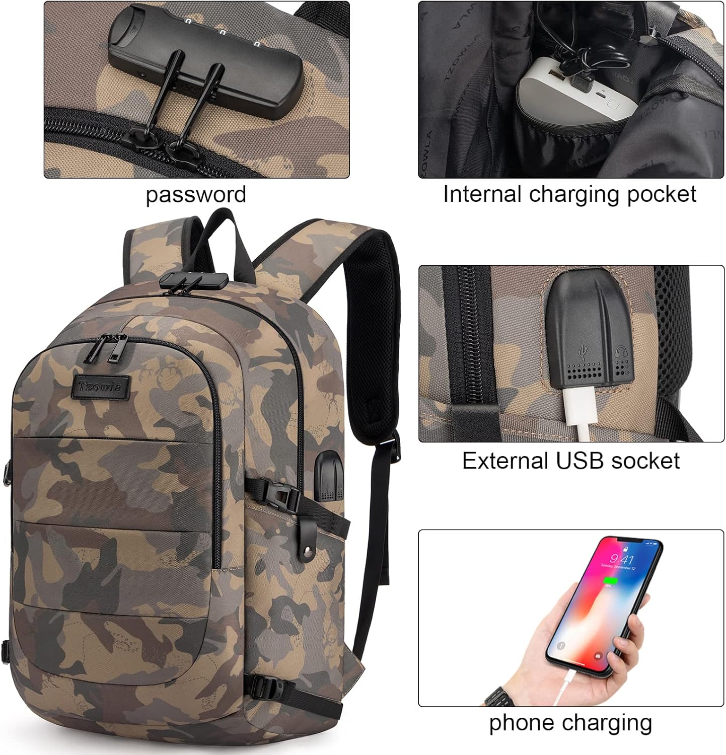 Tzowla Travel Laptop Backpack Water Resistant Anti-Theft Bag with USB Charging Port and Lock 15.6 Inch Computer Business Backpacks for Women Men Gift,Bookbag Casual Daypack