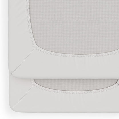Foundations Compact Travel Sleeper Folding Hotel Crib and Sheet Bundle - Includes Natural Wooden Mini Crib with 2" Foam Mattress and 6-Pack White Fitted Compact Sheets