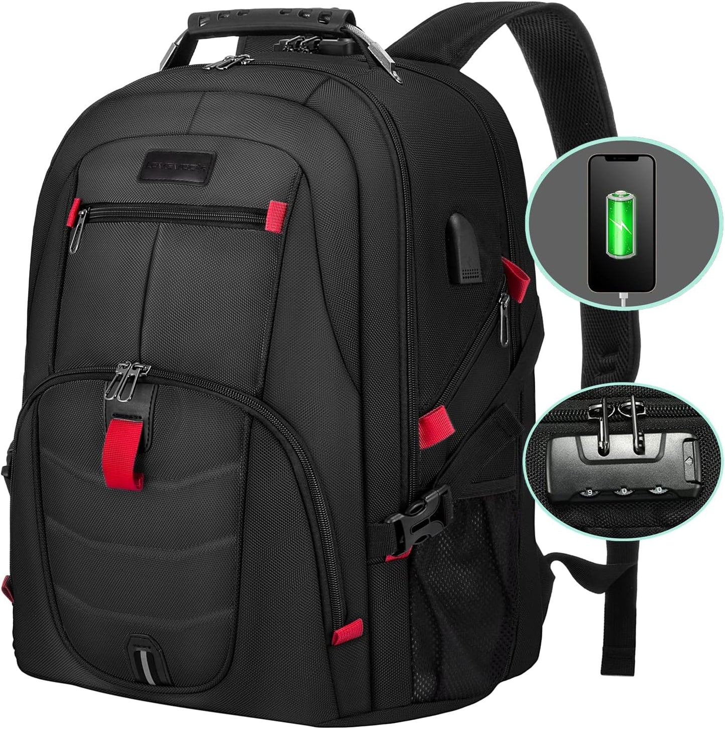 LOVEVOOK Large Backpack for Men 18 inch Heavy Duty Backpack Big Travel Backpack Large Capacity Laptop Backpack with USB Port Waterproof for Business Work (18.4 inch,Black)