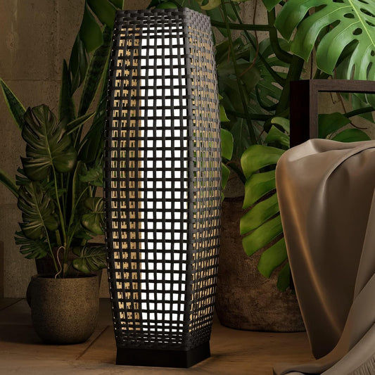 Grand patio Outdoor Floor Lamp Solar Powered Lantern Water-Resistant Wicker Deck Light for Garden or Porch -Large Fuji, Silver Gray