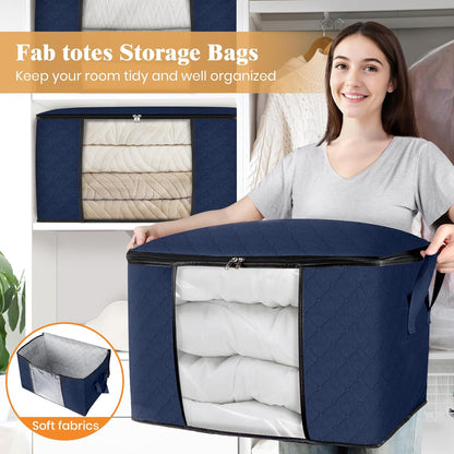 Fab totes 24 Gallons Clothes Storage, Foldable Thick Fabric Blanket Storage Bags, Containers for Organizing Bedroom, Closet, Clothing, Comforter, Organization with Handle (3 Pack,Blue)