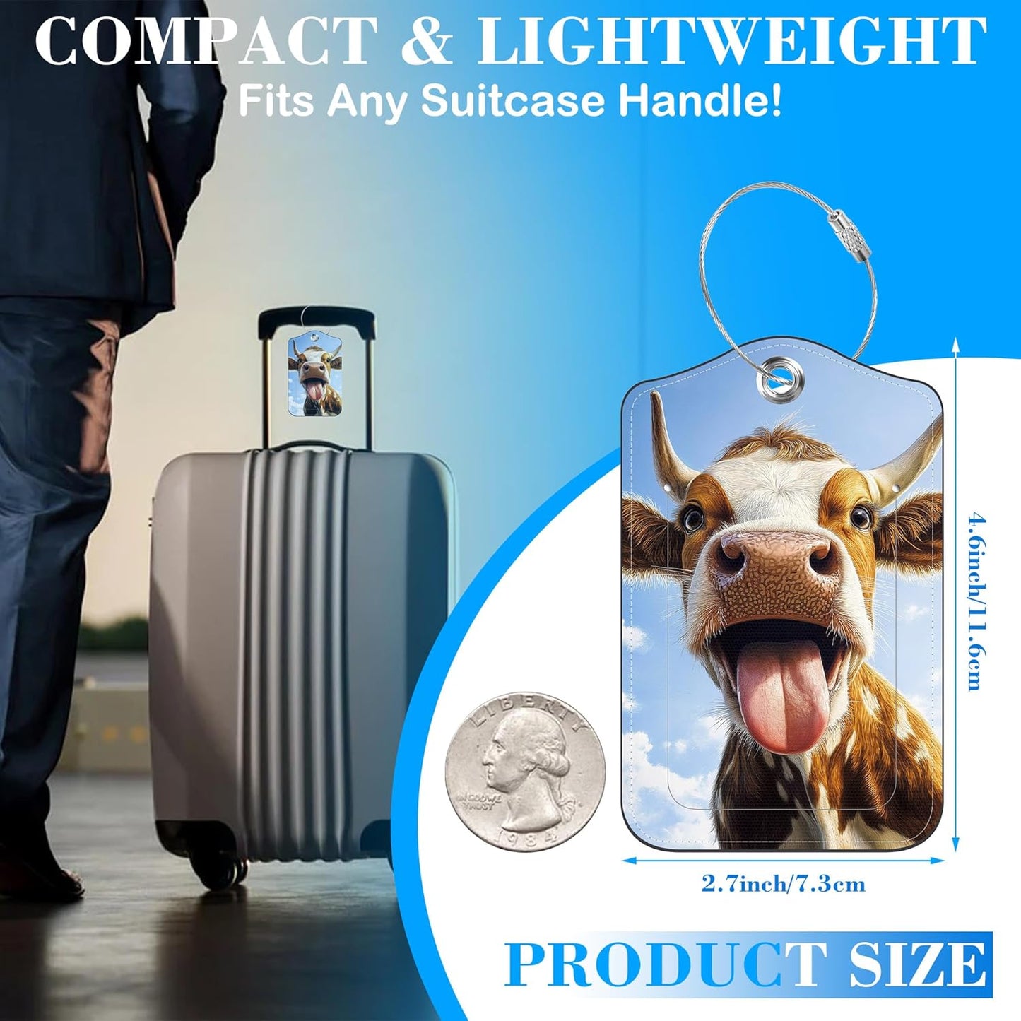 Cute Cow Sticking Out Tongue Luggage Tags for Suitcases Leather Travel Tags for Luggage ID Label with Privacy Cover and Stainless Steel Loop for Men Women Suitcase Backpack, Set of 2