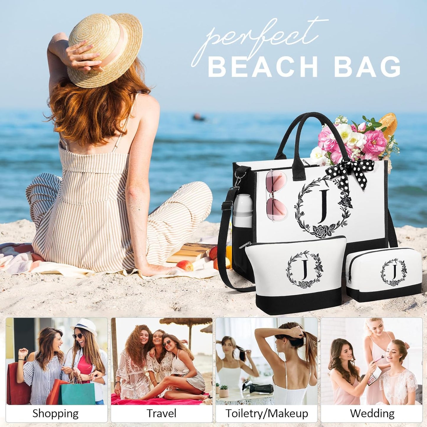 Personalized Mothers Day Gifts for Women, Initial Canvas Tote Bag & Makeup Bag Monogrammed Beach Tote Bag for Women w/Zipper, Birthday Gifts for Women Mom Her Girlfriend Wife Sister Friend Daughter
