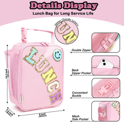 FlowFly Lunch box Insulated Soft Bag Mini Cooler Back to School Thermal Meal Tote Kit With Buckle and Mesh Side Pocket for Girls, Boys, PinkWithLetter