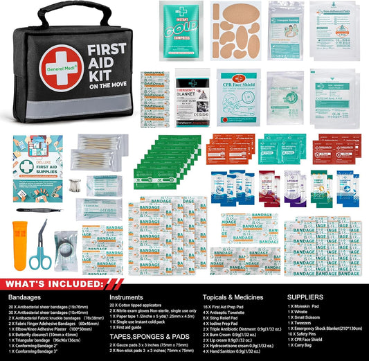 General Medi First Aid Kit - 150 Pieces Small Compact First Aid Kit Bag - Includes Instant Cold Pack, Emergency Blanket for Travel, Home, Office, Vehicle, Camping