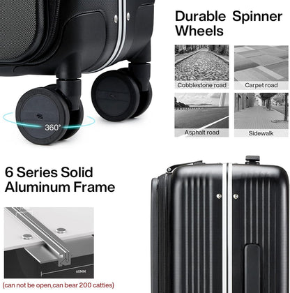 Hanke Grace Hard Shell Suitcases with Wheels,20 Inch Carry On Luggage Airline Approved with Aluminum Frame, Travel suitcase with Front Pocket Travel Luggage for Short Business Trips, Jet Black.