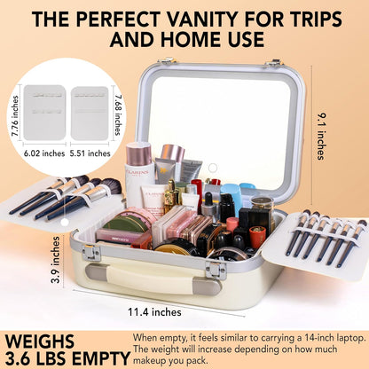 Lighted Makeup Case with Mirror - Standard Size 11.4" x 9" - Travel Makeup Train Case With Mirror - Rechargeable LED Travel Vanity Case with Adjustable Brightness - Train Case Makeup Bag - White